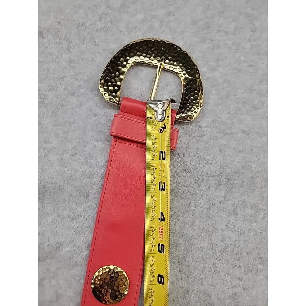 CARLISLE Vintage Leather XL Red Belt W/Hammered Gold Tone Disks Statement Buckle